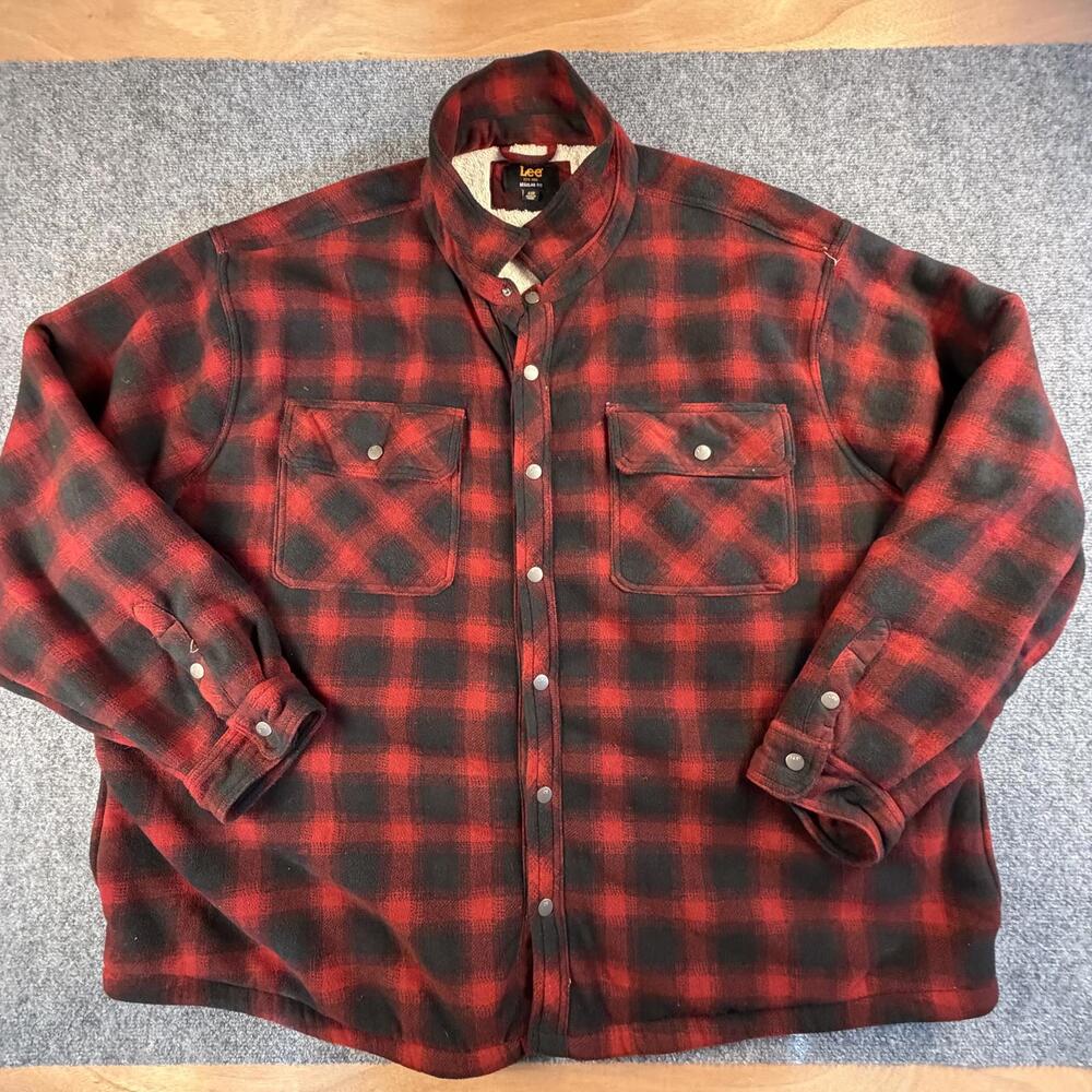 Lee Mens Red Black Plaid Fleece Lined Casual Shirt Jacket 4XB Regular Fit #H